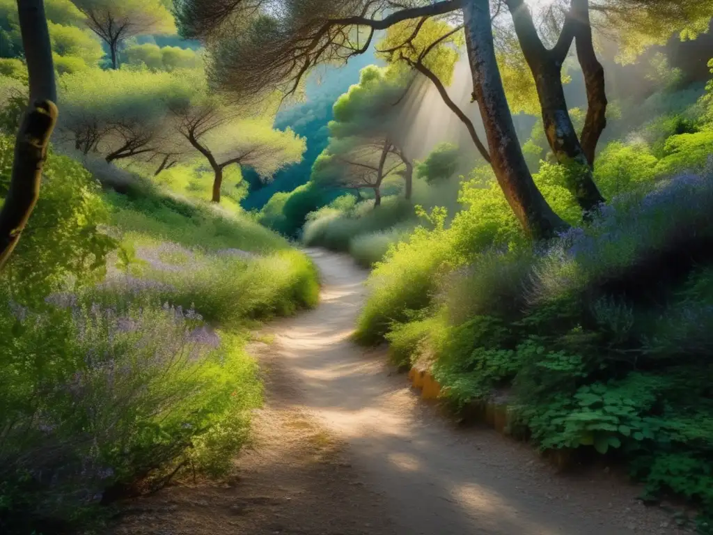 Sendero de acampada en el Teatro de Epidauro, Grecia: un bosque exuberante con árboles altos, flores silvestres y misterio