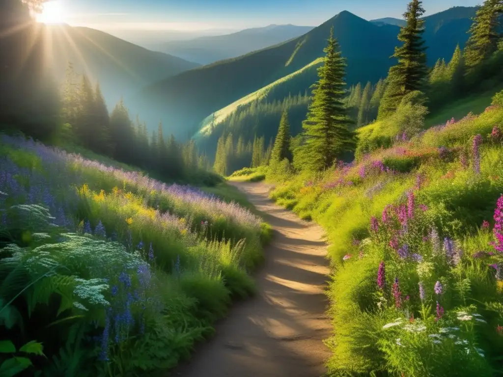 Un sendero montañoso rodeado de vegetación exuberante y flores silvestres, con beneficios para la salud mental