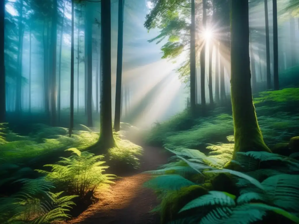 Iniciativas de conservación en áreas de acampada: Bosque misterioso con sendero y flores silvestres