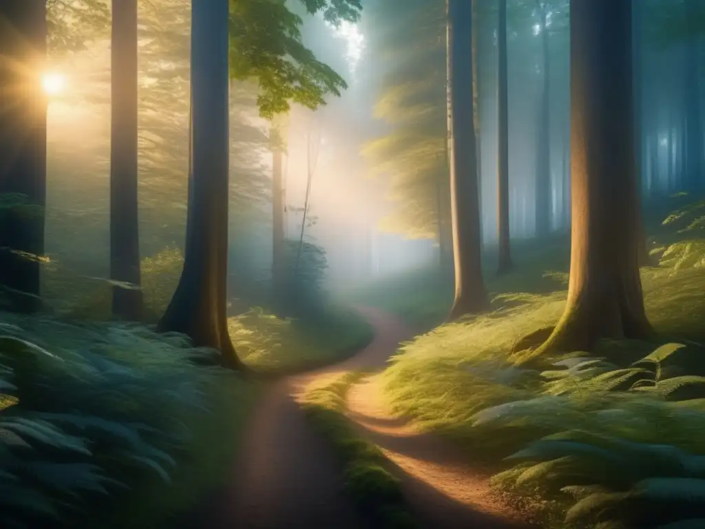 Senderismo responsable y cuidado del medio ambiente: sendero misterioso en un bosque denso al atardecer