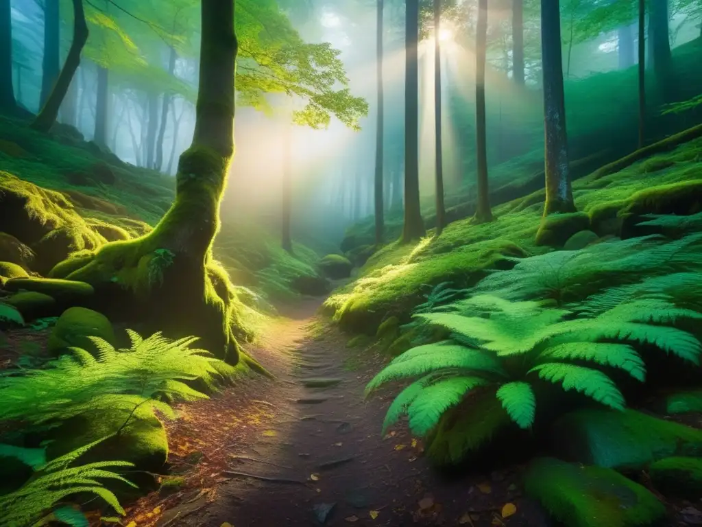 Bosque misterioso con sendero, luz filtrada, vida salvaje y equilibrio delicado entre campismo y fauna