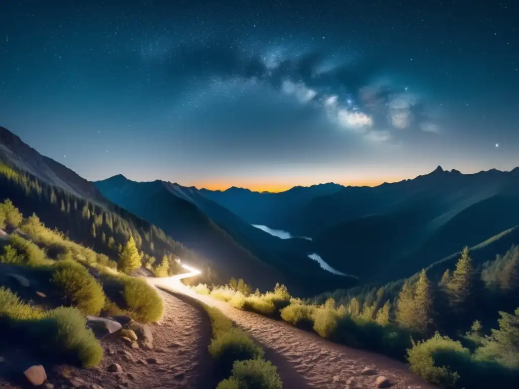 Técnicas edición foto nocturna en senderismo: Serena escena montañosa con sendero iluminado por luna