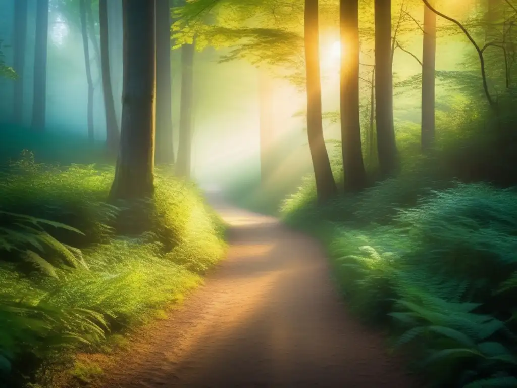 Camino sereno en el bosque al amanecer, rodeado de altos árboles, hojas iluminadas por el sol