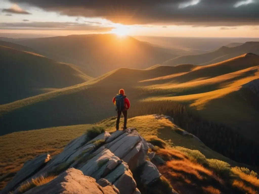 Hiker contemplando vasta naturaleza, evocando bienestar mental, senderismo