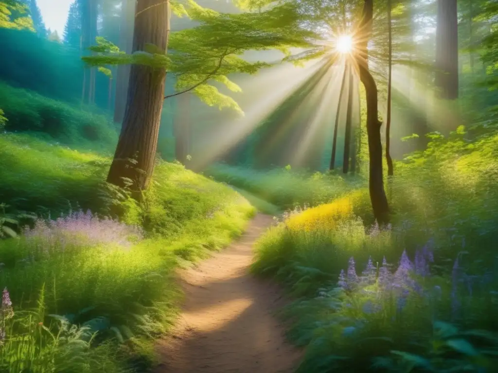 Un sendero de bosque exuberante iluminado por el sol dorado, con hierbas medicinales y una naturaleza vibrante