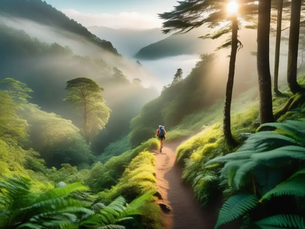 Preparativos senderismo: sendero montaña, naturaleza exuberante, misteriosa niebla, hiker en encrucijada