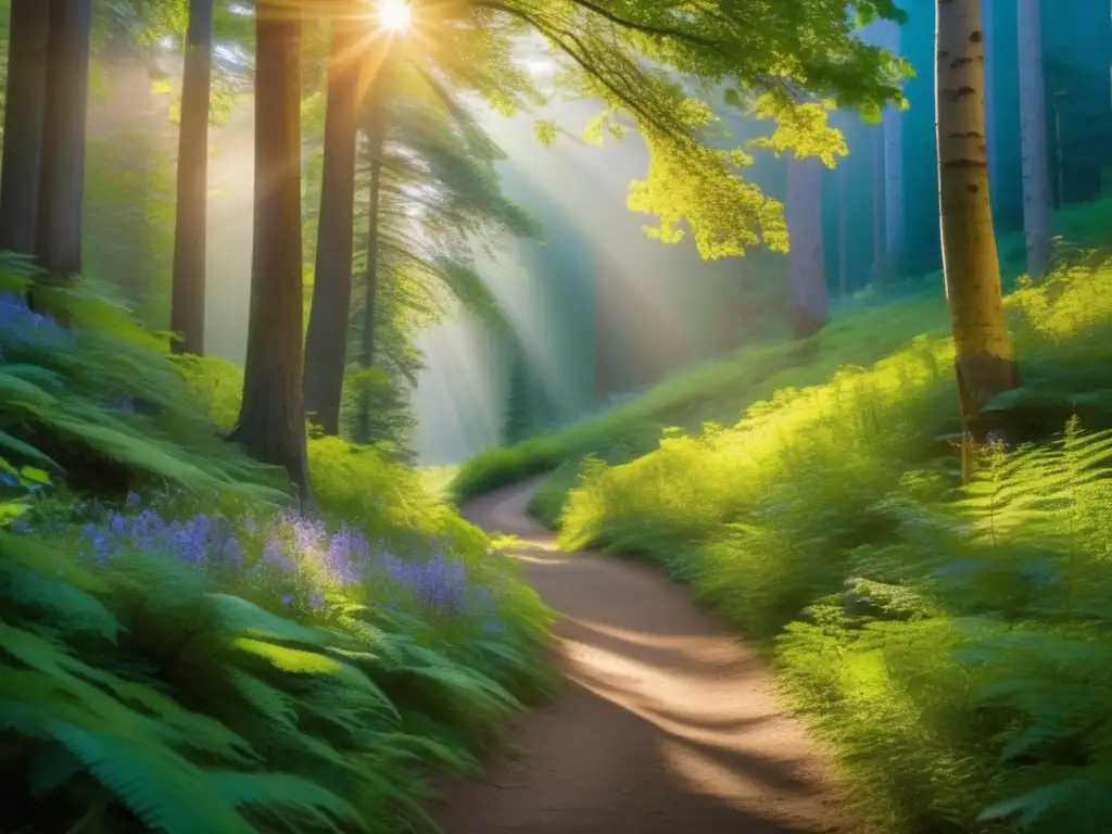 Camino de montaña en bosque denso, bañado por suave luz dorada filtrada entre altos árboles