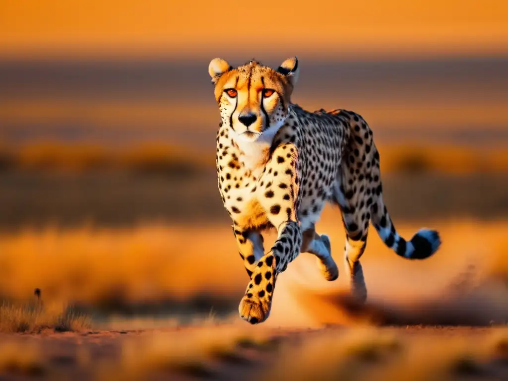 Fotografía 8k de un cheetah corriendo en la sabana al atardecer, transmitiendo determinación y poder