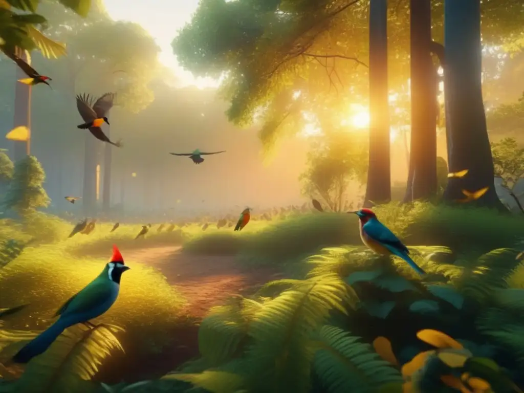 Serenidad de bosque al amanecer con pájaros en árboles: Significado espiritual del canto de los pájaros