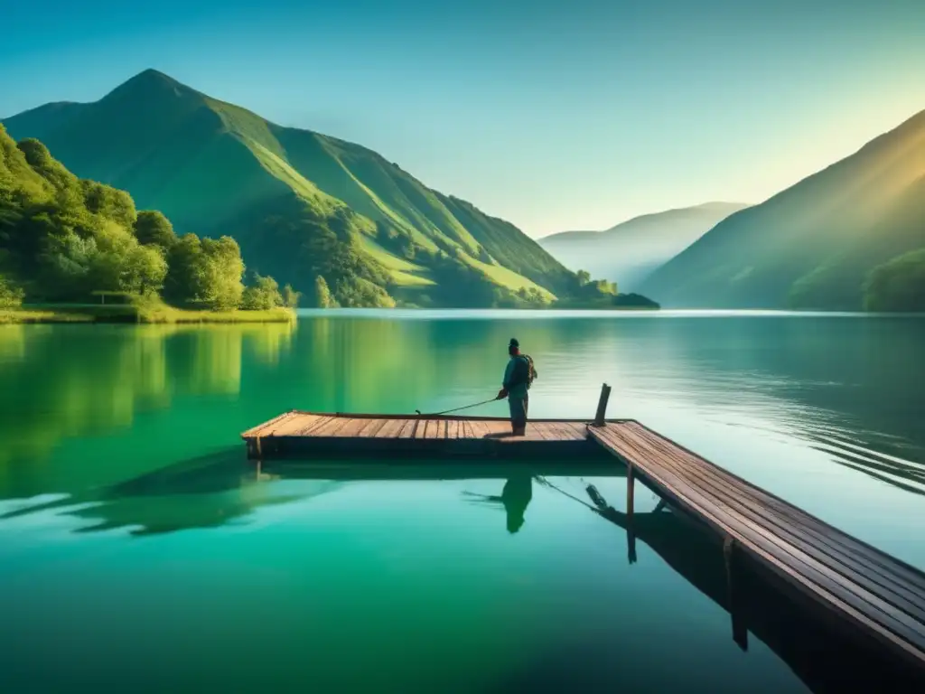 Tecnología pesca acampada mejoras: Escena serena con lago, montañas verdes y pescador equipado con alta precisión y eficiencia