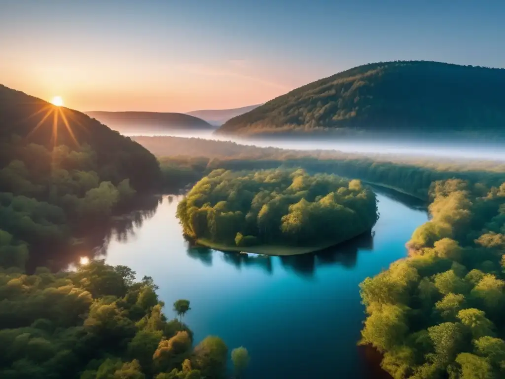 Impacto del camping en la fauna: Sereno paisaje natural al atardecer con bosque exuberante, río cristalino y variedad de fauna