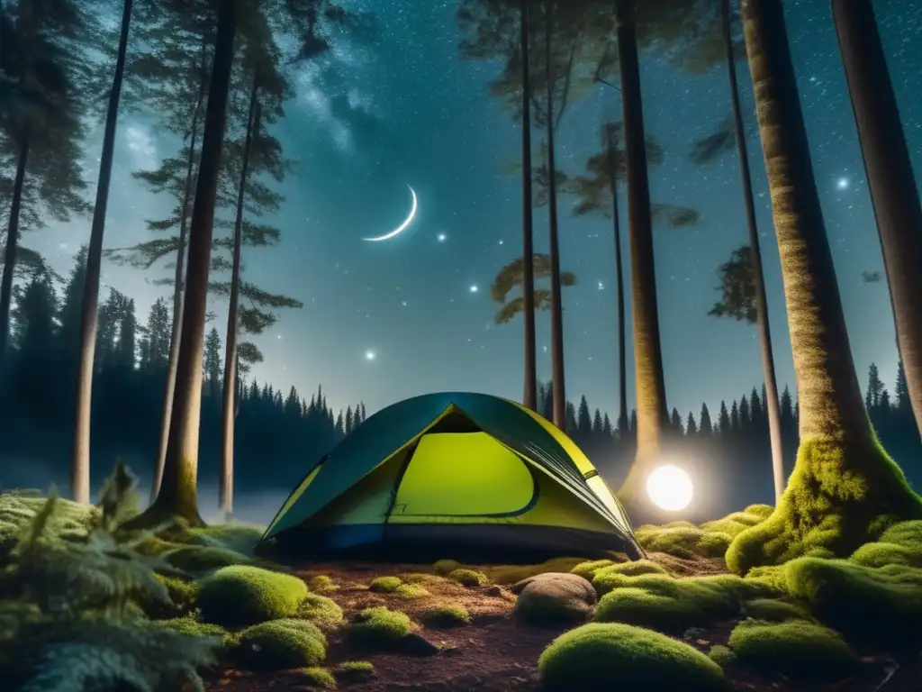 Beneficios de un buen saco de dormir para acampar en un misterioso bosque iluminado por la luna