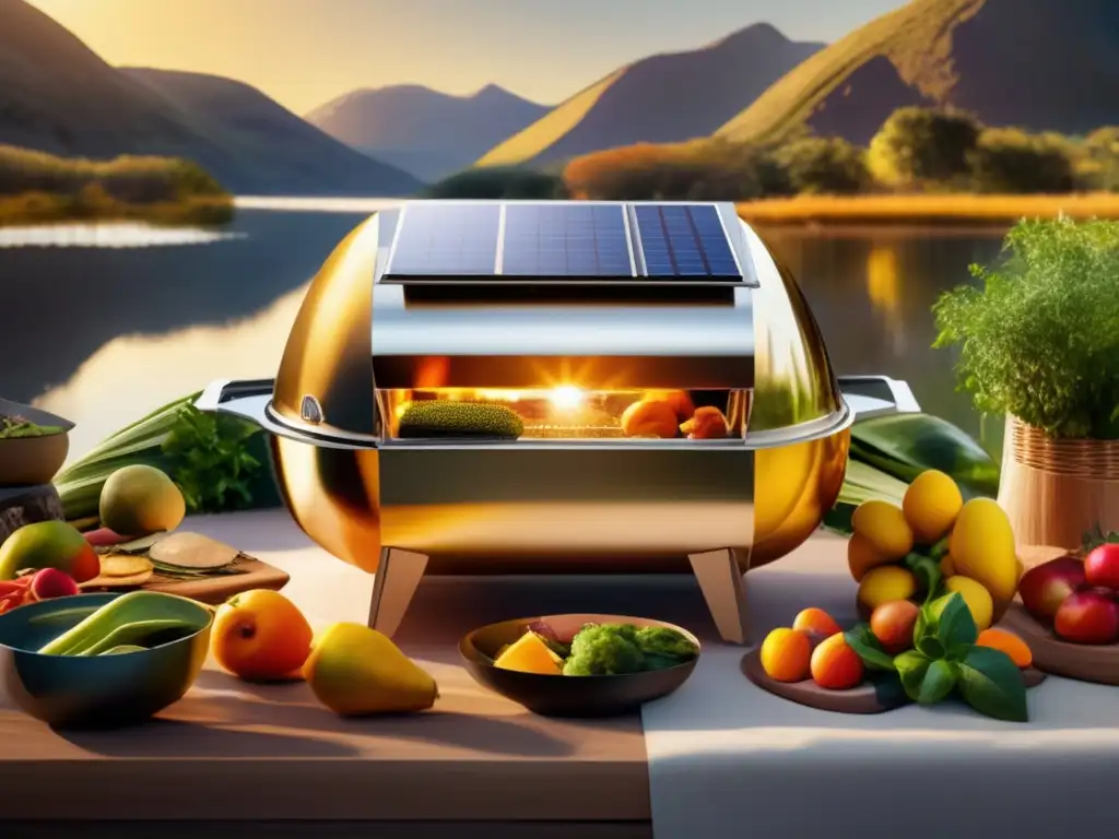 Cocina solar sostenible para camping en un escenario pintoresco, bañado en luz dorada, rodeada de naturaleza