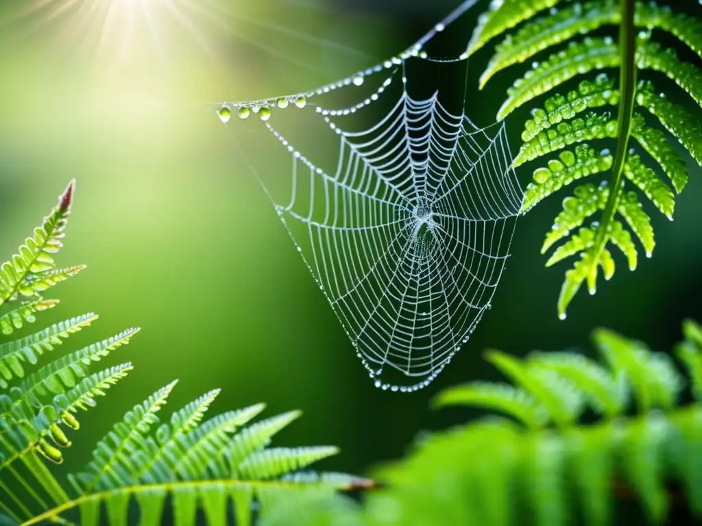 Belleza oculta de la naturaleza: Macrofotografía de una telaraña cubierta de rocío, entre ramas de helecho verde vibrante