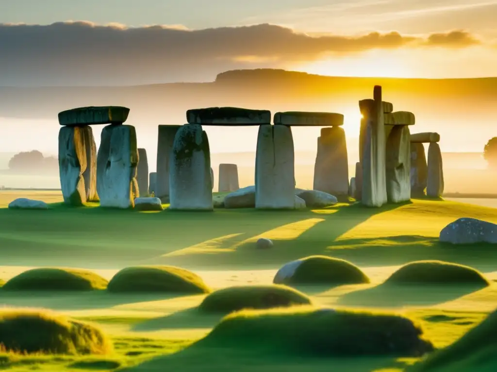 Experiencia mística acampada Stonehenge: paisaje mágico con círculo de piedras y atardecer dorado