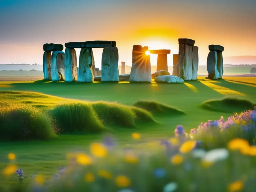 Encantos del camping en Stonehenge: imagen detallada de la belleza mística de Stonehenge con campo verde, flores y cielo vibrante