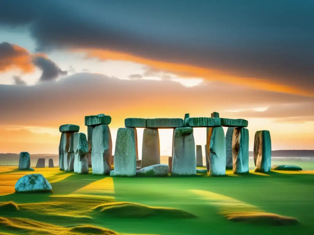 Encantos del camping en Stonehenge: monumento místico iluminado al atardecer, rodeado de paisaje sereno y campos verdes