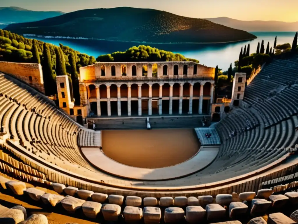 Teatro de Epidauro Grecia - Imagen 8k detallada muestra majestuoso teatro antiguo bañado en luz dorada del atardecer