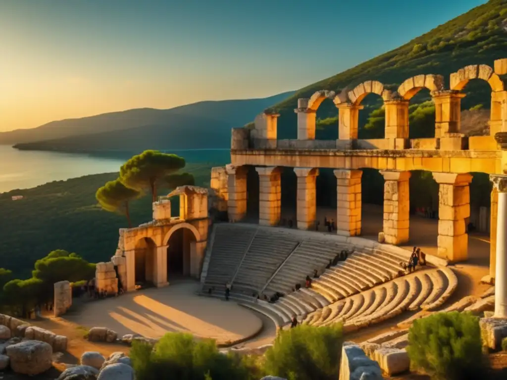 Acampada en el Teatro de Epidauro Grecia: campers explorando ruinas del teatro antiguo, con luz dorada al atardecer y vistas panorámicas