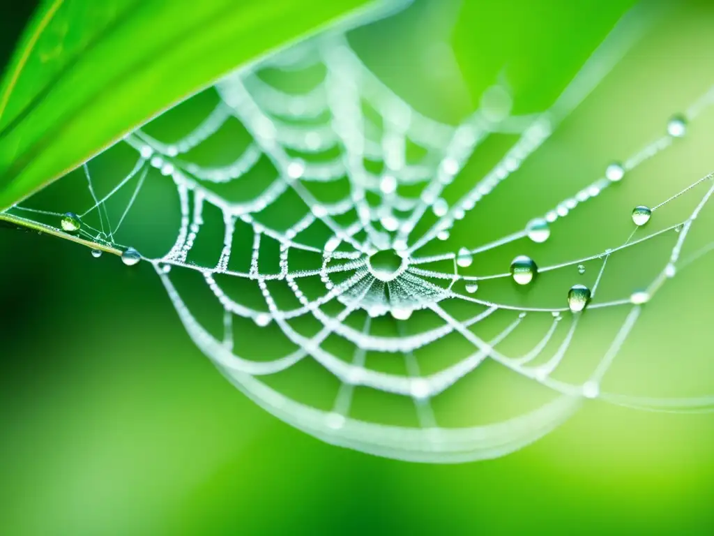 Macrofotografía: Belleza oculta de una tela de araña cubierta de rocío entre hojas verdes