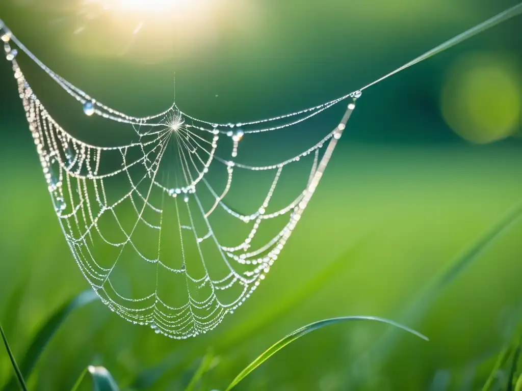 Macrofotografía: belleza oculta entre hilos de una tela de araña cubierta de rocío, suspendida entre hierbas, en la suave luz de la mañana