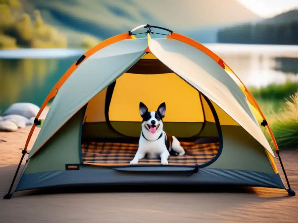 Equipo de acampada para mascotas innovador en entorno natural sereno y moderno con cama acogedora y seguridad