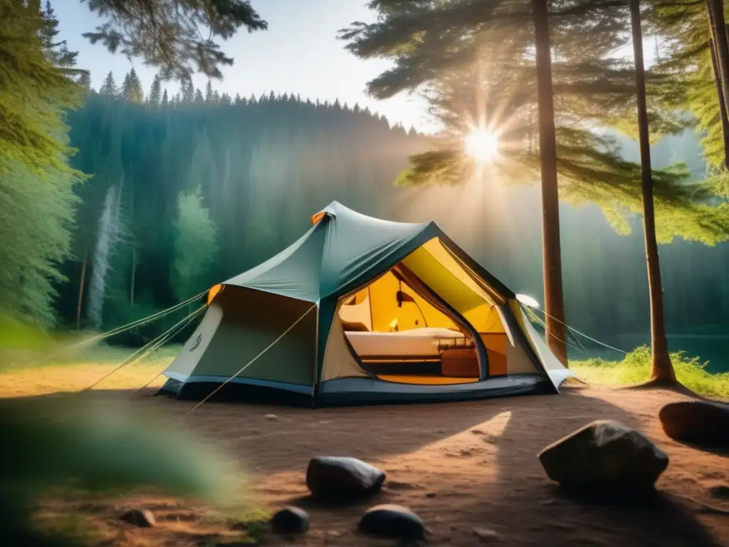 Experiencia de acampada de lujo en áreas protegidas, tienda espaciosa y elegante en un bosque denso