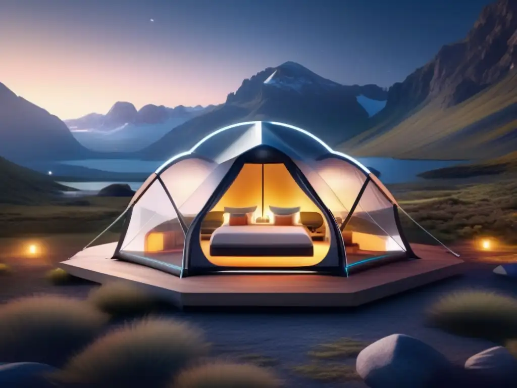 Innovaciones equipamiento camping vida: Tienda de campaña futurista en un paisaje natural, con diseño moderno, tecnología avanzada y ambiente acogedor