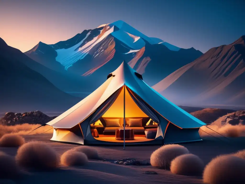 Evolución tiendas campaña: imagen 8k ultradetallada de escena futurista de camping con materiales y tecnología avanzados