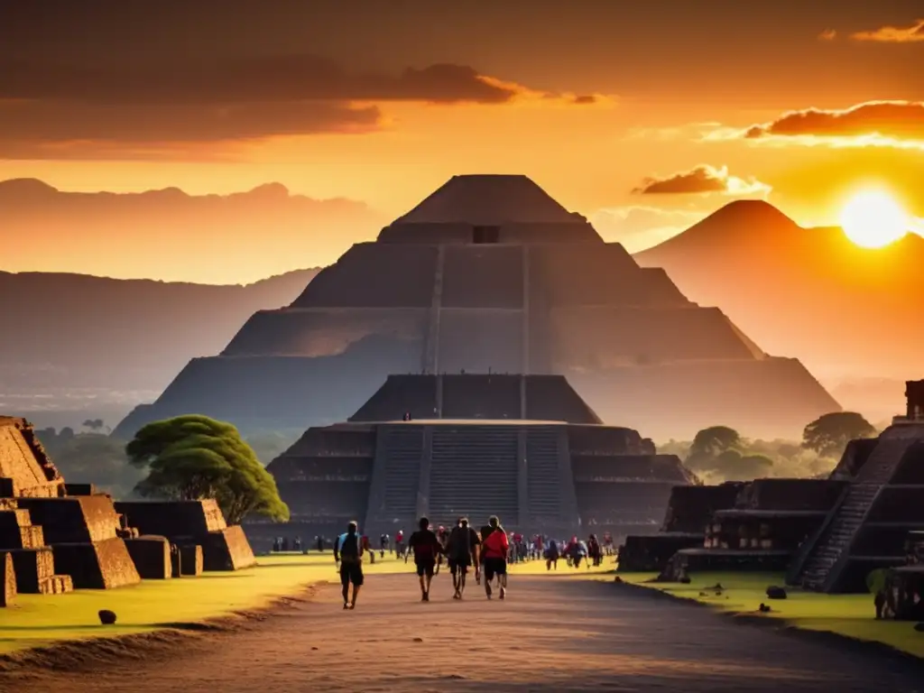 Senderismo en ruinas de Teotihuacán: Hikers explorando majestuosas estructuras ancestrales al atardecer