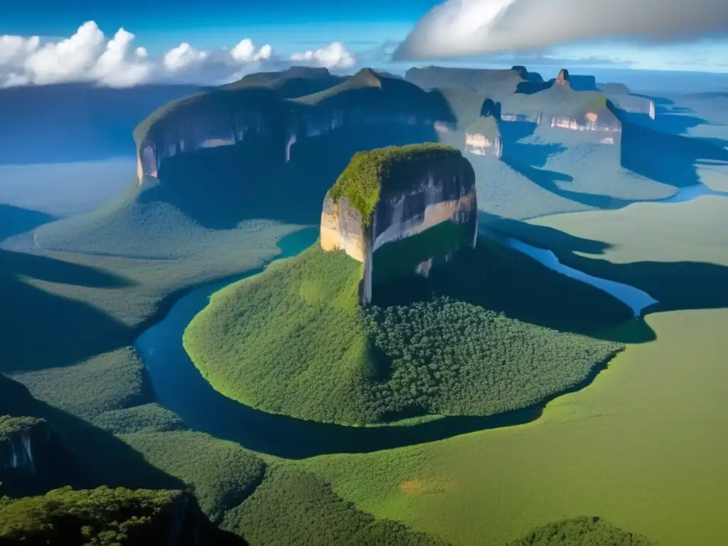 Guía de acampada en Tepuyes: Majestuoso paisaje de los Tepuyes en el Parque Nacional Canaima, con colosal formación rocosa y símbolos indígenas