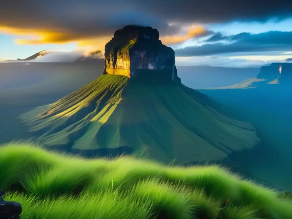 Guía de acampada en Tepuyes: Majestuoso Tepuy Roraima, montaña plana y verde, envuelta en misterio y grandiosidad