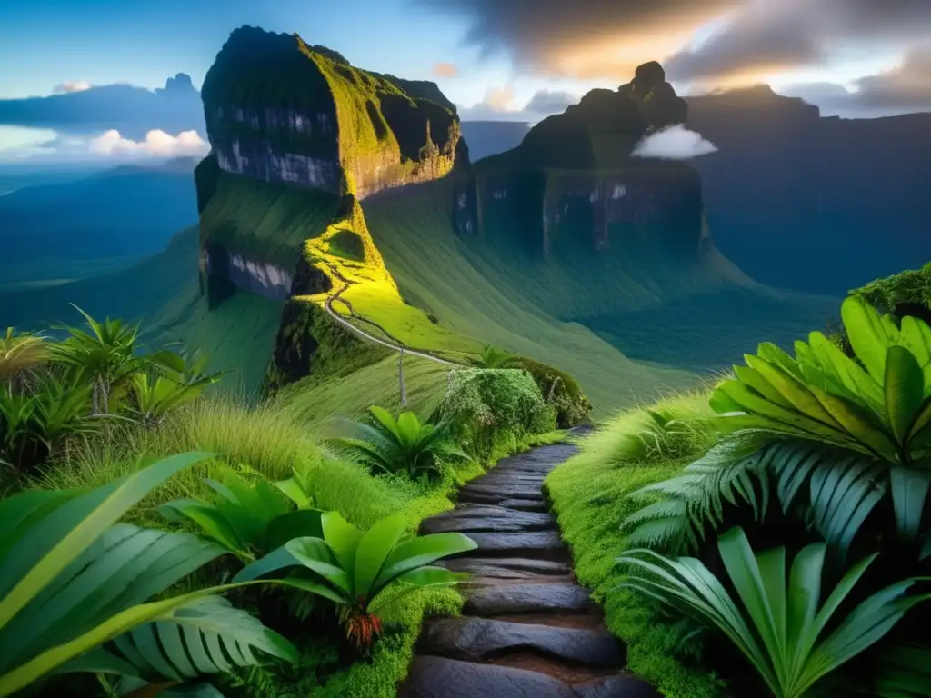 Guía de acampada en Tepuyes: Sendero hacia el majestuoso Tepuy Roraima, rodeado de exuberante vegetación y nubes blancas