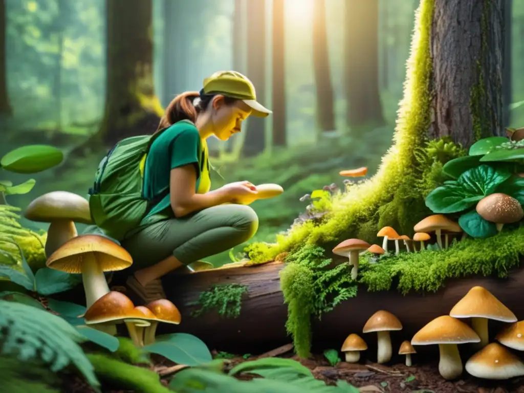 Bosque con plantas comestibles, persona explorando mushrooms en tronco caído (110 caracteres)