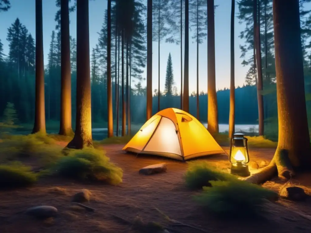 Innovación en equipo de acampada: tienda de camping moderna en el bosque misterioso