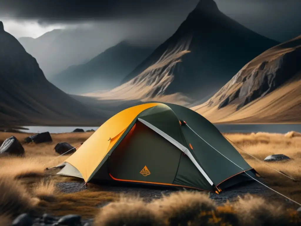 Protección equipo camping clima: Tienda moderna resistente en paisaje montañoso con clima adverso