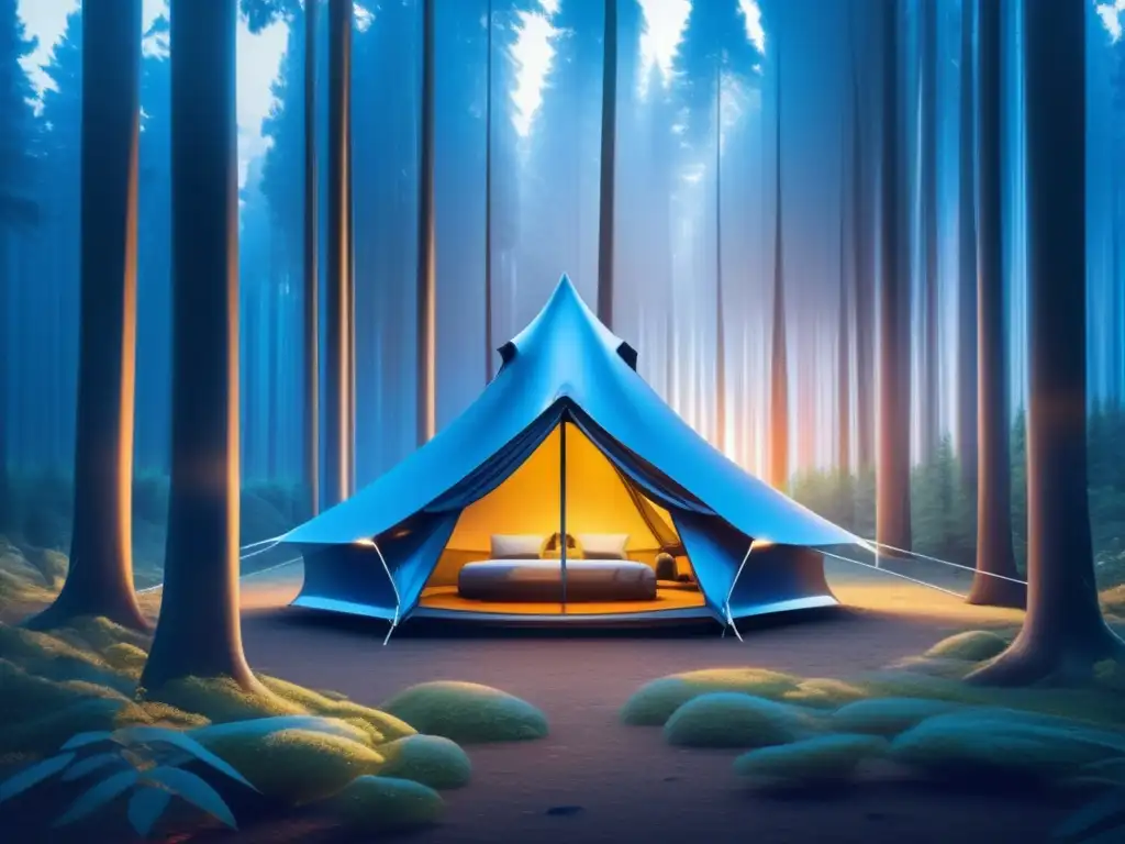 Accesorios innovadores para camping y senderismo en una tienda futurista rodeada de un bosque misterioso