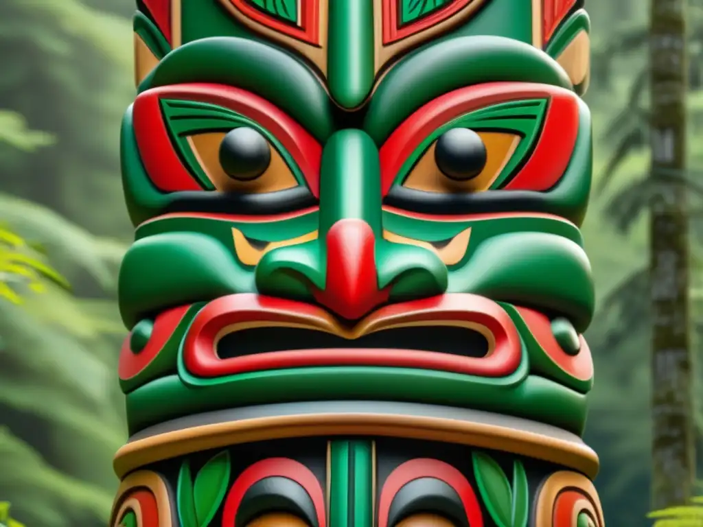 Totem Haida con significado espiritual en bosque verde