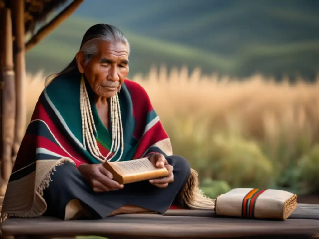 Tradición oral indígena y naturaleza: anciano sabio con libro y cascada mistica