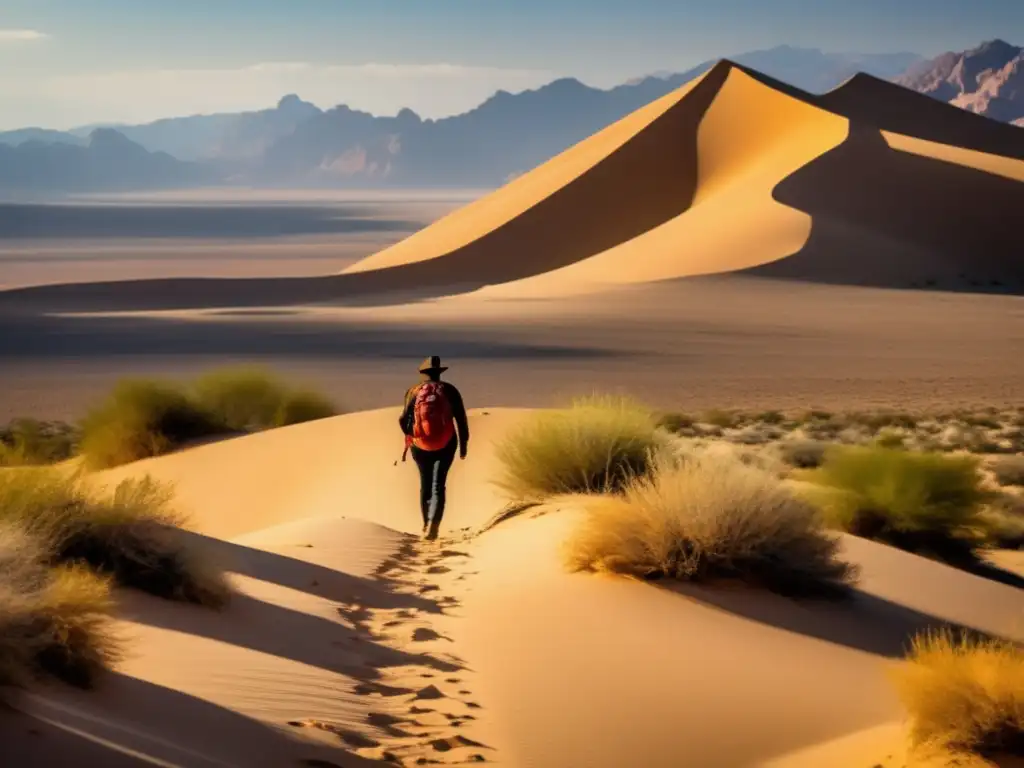 Espiritualidad en senderismo desierto, hiker en paisaje árido, flora vibrante, horizonte de dunas y cielo cálido