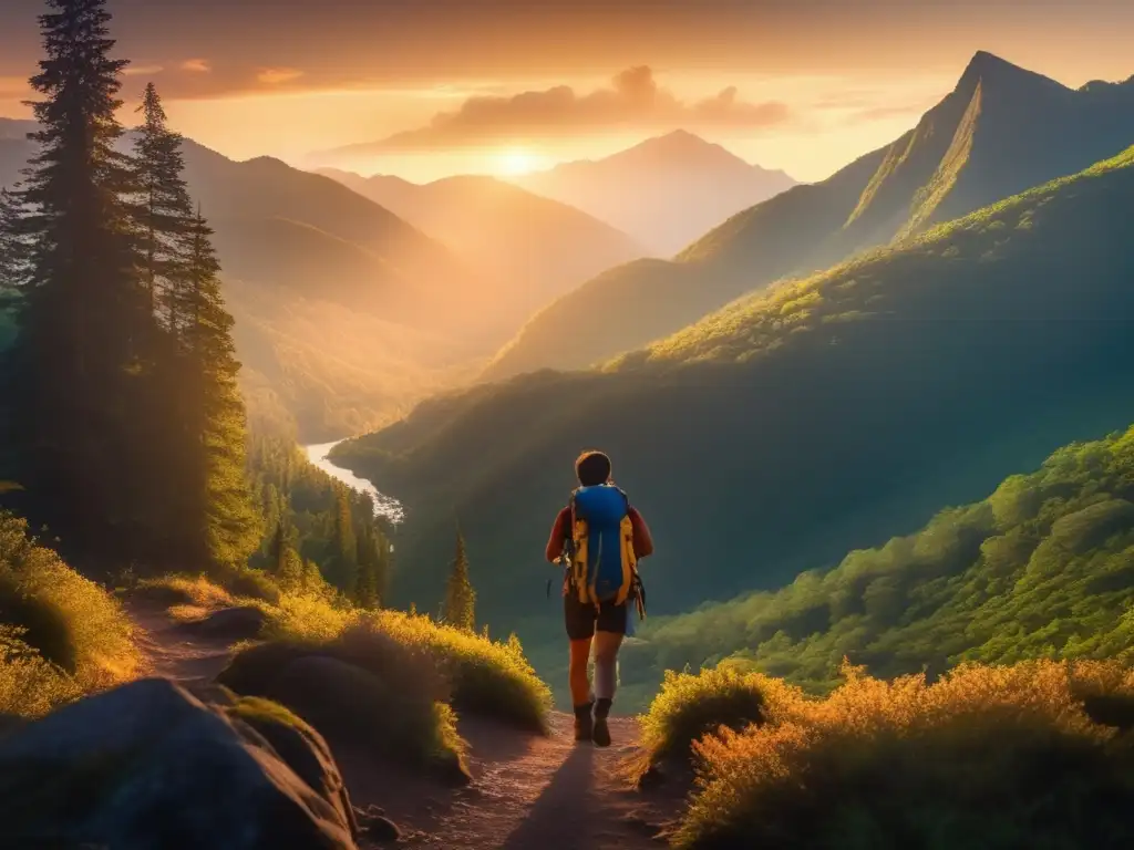 Paisaje fascinante de montañas al atardecer en un denso bosque, senderista con mochila de alimentos deshidratados