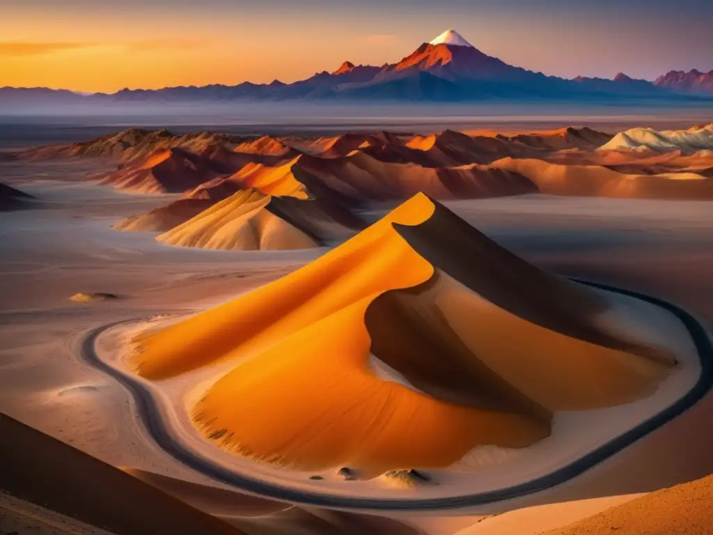 Experiencia acampada Valle de la Luna Chile: paisaje desértico con dunas, formaciones rocosas, atardecer y luna