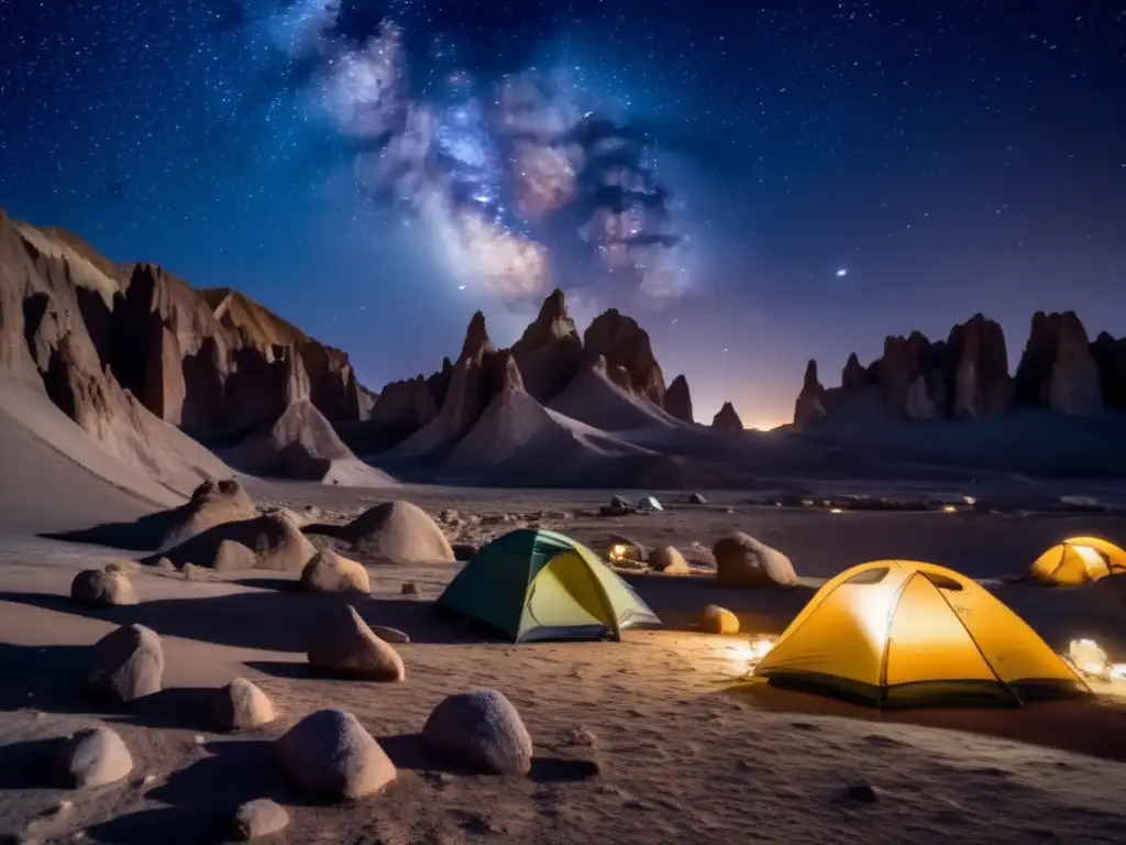 Experiencia acampada Valle de la Luna en Chile: paisaje nocturno de ensueño con formaciones rocosas, tiendas y cielo estrellado