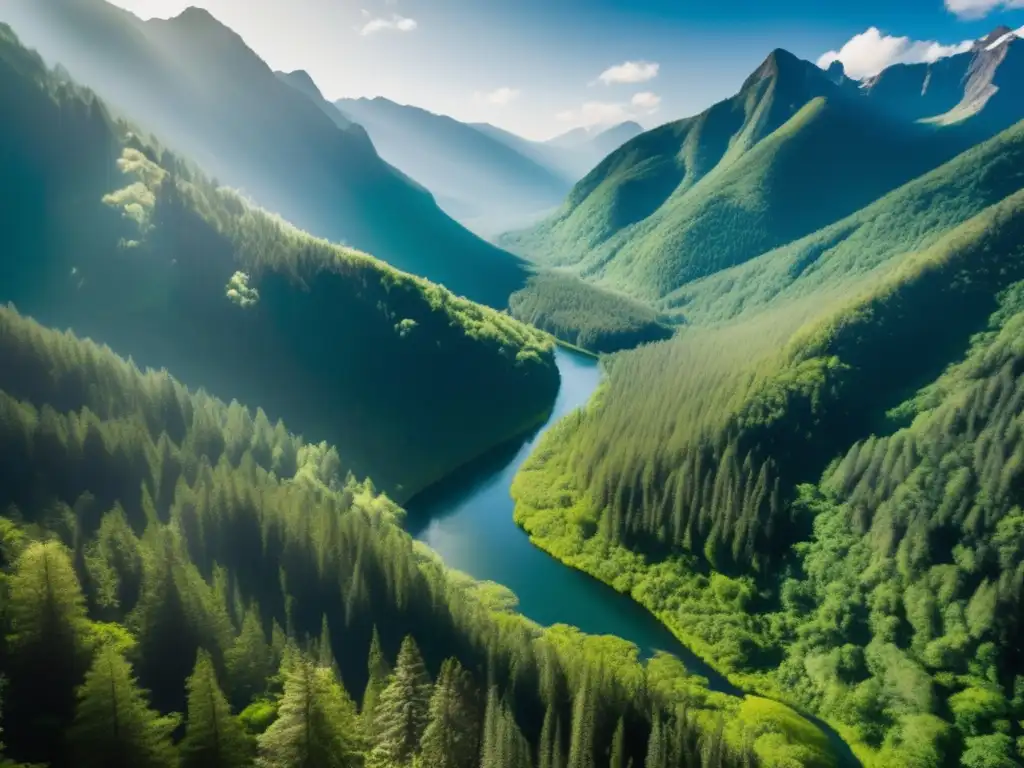 Conexión espiritual con la naturaleza: vista aérea fascinante de un frondoso bosque entre majestuosas montañas