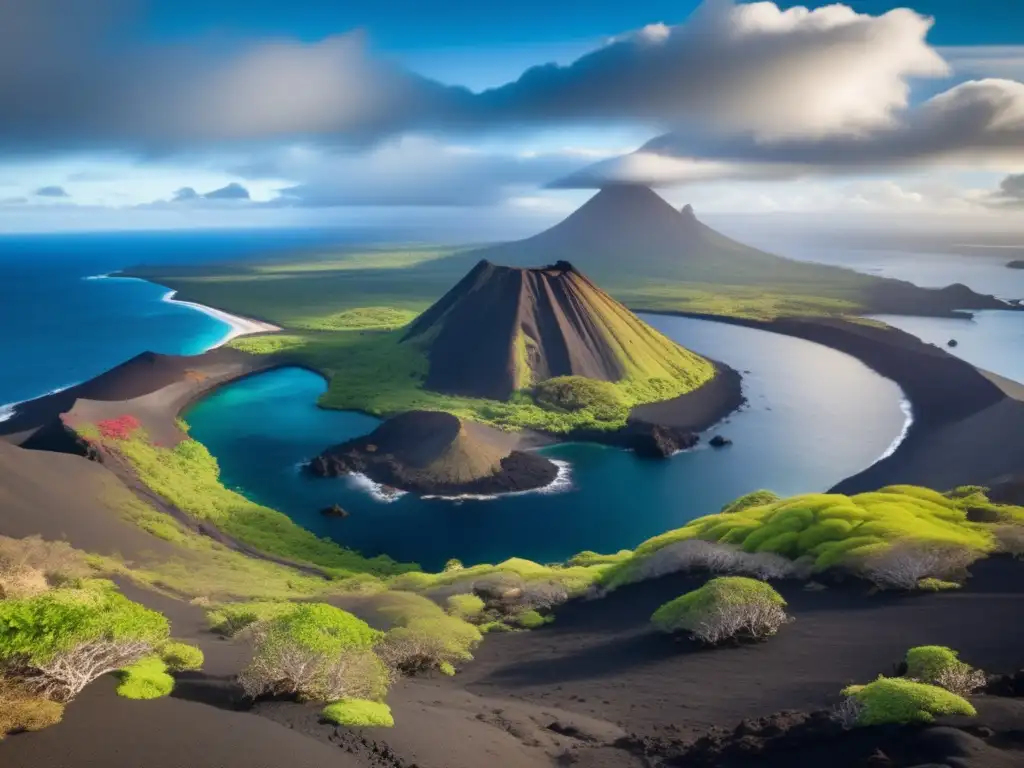 Descubriendo el encanto natural de las Islas Galápagos: vista impresionante de paisaje volcánico, con montaña imponente, vegetación exuberante y mar cristalino