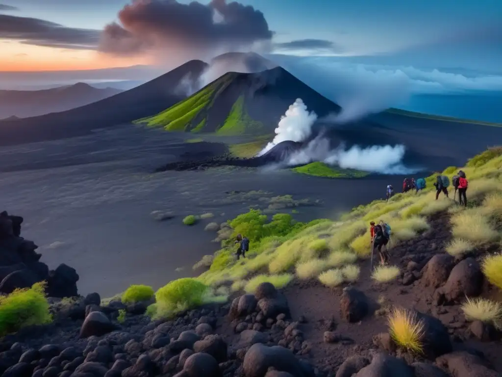 Vista impresionante de paisaje volcánico al atardecer