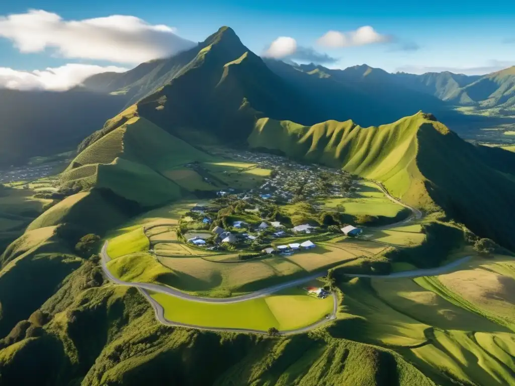 Lugares sagrados Maoríes Nueva Zelanda: Vista aérea majestuosa de la aldea Maorí de Whakarewarewa, rodeada de naturaleza exuberante y aguas termales