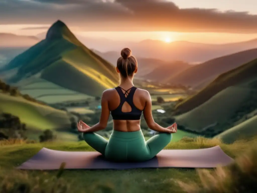 Mujer practicando yoga al aire libre al atardecer, en una hermosa montaña, con ejercicios de Trikonasana, Ardha Chandrasana y Baddha Konasana