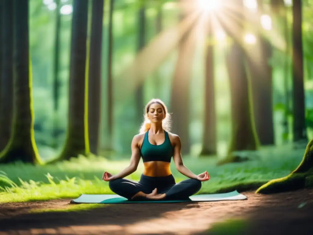 Beneficios yoga al aire libre: Practicante armonioso en bosque encantado