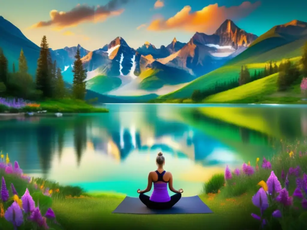 Beneficios del yoga en la naturaleza: paisaje montañoso sereno con lago, flores silvestres y practicante de yoga harmonioso